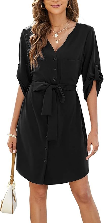 BMJL Womens Button Down Dress Summer V Neck 3/4 Sleeve Tie Waist Business Casual Work Mini Shirt ... | Amazon (US)