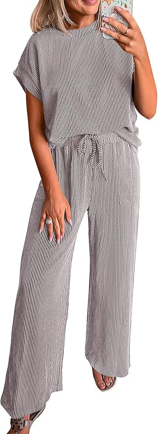 KIRUNDO 2 Piece Sets for Women Dressy Casual Ribbed Knit Short Sleeve Tops Wide Leg Pants Lounge ... | Amazon (US)