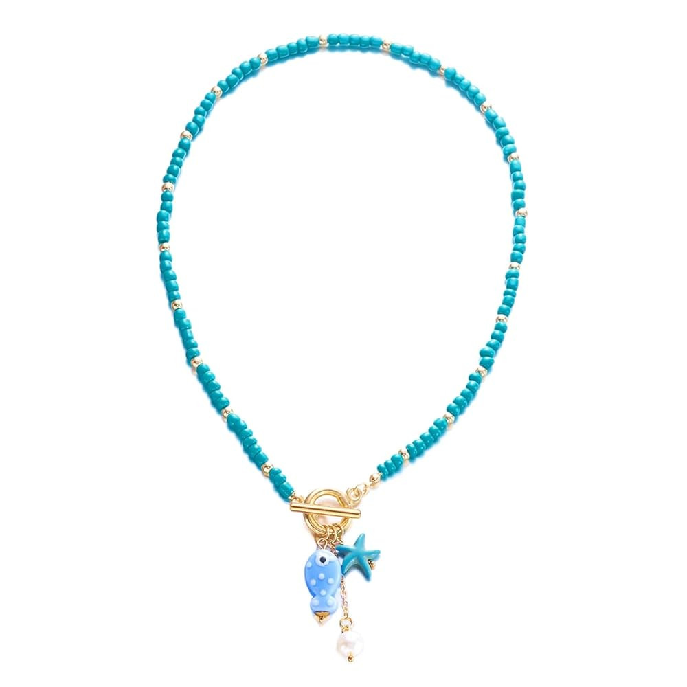 Starfish Fish Toggle Necklace Boho Colorful Pearl Beaded Necklace Summer Coastal Beachy Beach Haw... | Amazon (US)