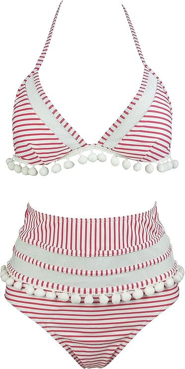 COCOSHIP Women's Mesh Striped High Waist Bikini Set Tassel Trim Top Halter Straps Swimsuit(FBA) | Amazon (US)
