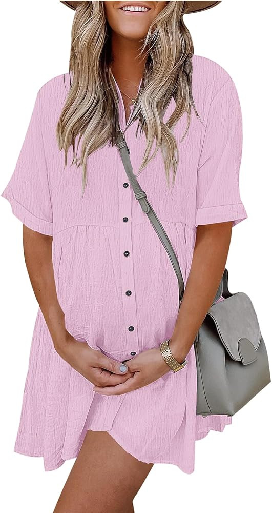 AUSELILY Women's Summer Babydoll Dress Casual Short Sleeve Sundress Button Down Dresses with Pock... | Amazon (US)