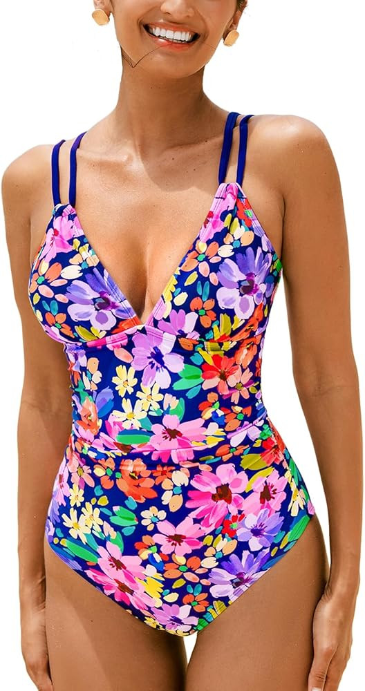 CUPSHE Women's One Piece Swimsuit V Neck Tummy Control Double Adjustable Straps Back Cutout O-Rin... | Amazon (US)