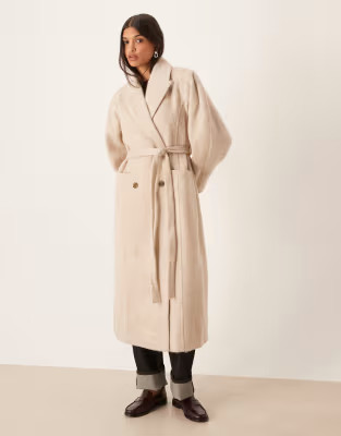 ASOS DESIGN brushed coat with dome sleeve and skinny belt in oatmeal | ASOS | ASOS (Global)