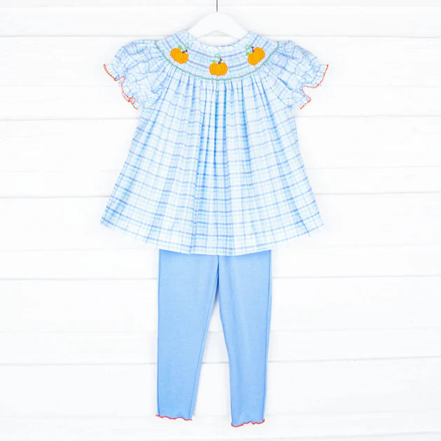 Smocked Pumpkins Aqua and Royal Plaid Pant Set | Classic Whimsy