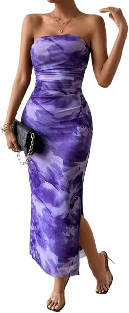 LIGHT DOT Women's Summer Dress Printed Strapless Tube Bodycon Maxi Side Slit Mesh Layered | Amazon (US)