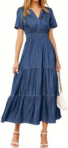 Simplee Womens Summer Denim Dress Casual Short Sleeve V Neck Empire Waist Boho Flowy Western Jean... | Amazon (US)