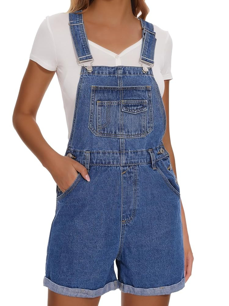 Women's Denim Shortalls Casual Adjustable Straps High Waist Bib Jeans Overalls Shorts Romper with... | Amazon (US)