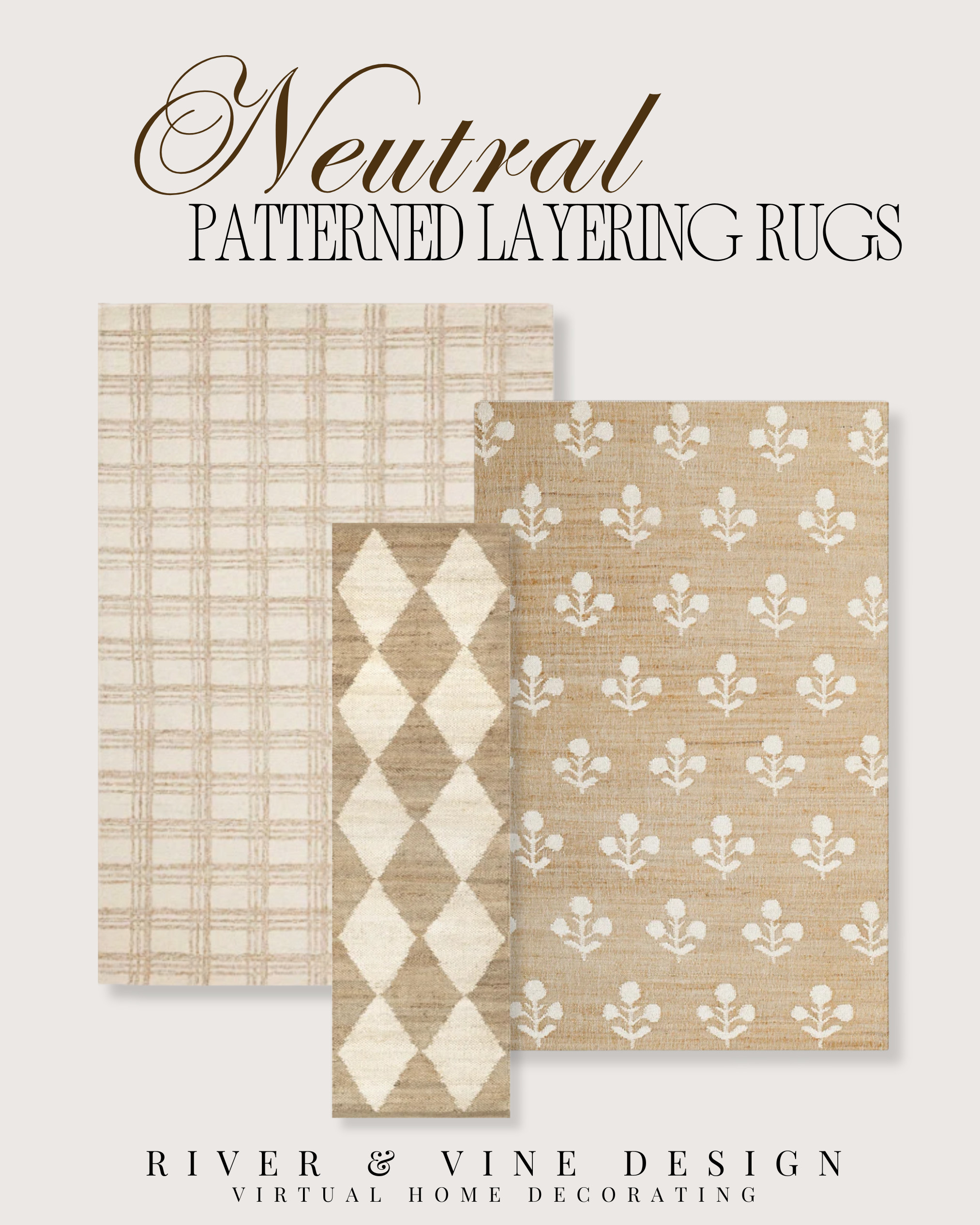 Layered neutral rugs that actually work together:

Grid base rug
Diamond runner for contrast
Subtle floral pattern to soften

Same color palette, mixed patterns = depth without feeling busy

All three are linked 

 #LTKHome