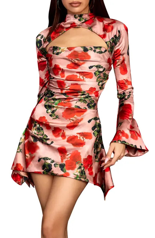 HOUSE OF CB Toira Satin Corset Minidress in Rose Print at Nordstrom, Size Large | Nordstrom