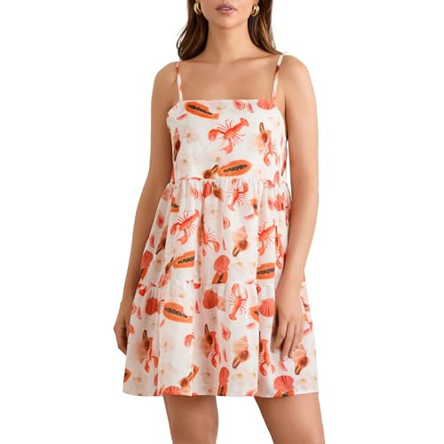 Women's Short Lobster Print Tie Straps Dress Backless A-Line Party Mini Dress for Vacation Beach Streetwear (White, S) | Amazon (US)