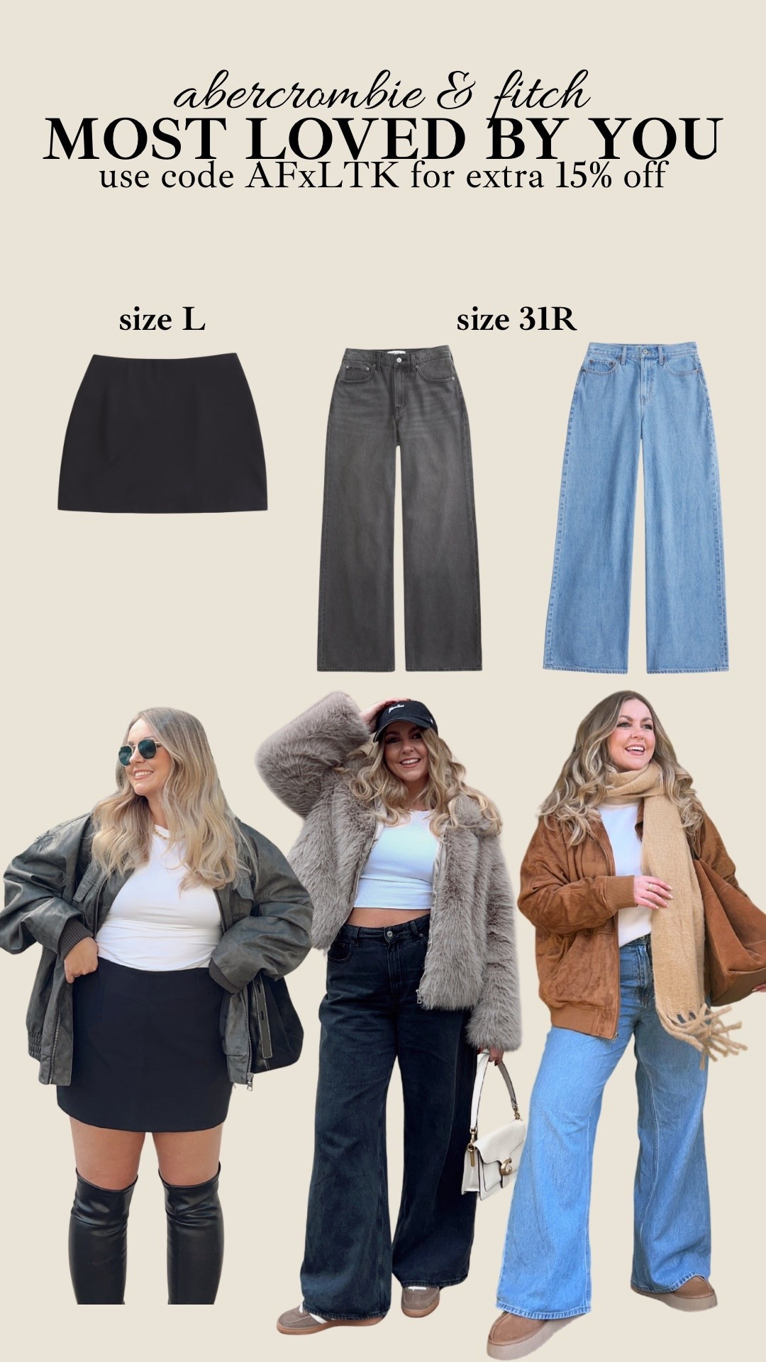 My most loved and the bestselling pieces from Abercrombie that you lot adore as much as me! Use code AFXLTK for an extra 15% off on top of the sale prices 🫶🏻✨ 

#LTKMidsize #LTKCyberWeek #LTKootd