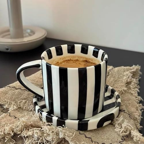 Alikexin Small 8oz Stylish Handmade Striped Coffee Mug Espresso Cups With Saucer, Hand painted Esthetical Ceramic Cappuccino Mugs, Glazed Tea/Coffee Cup, Microwave safe tea cup with handle (Black) | Amazon (US)