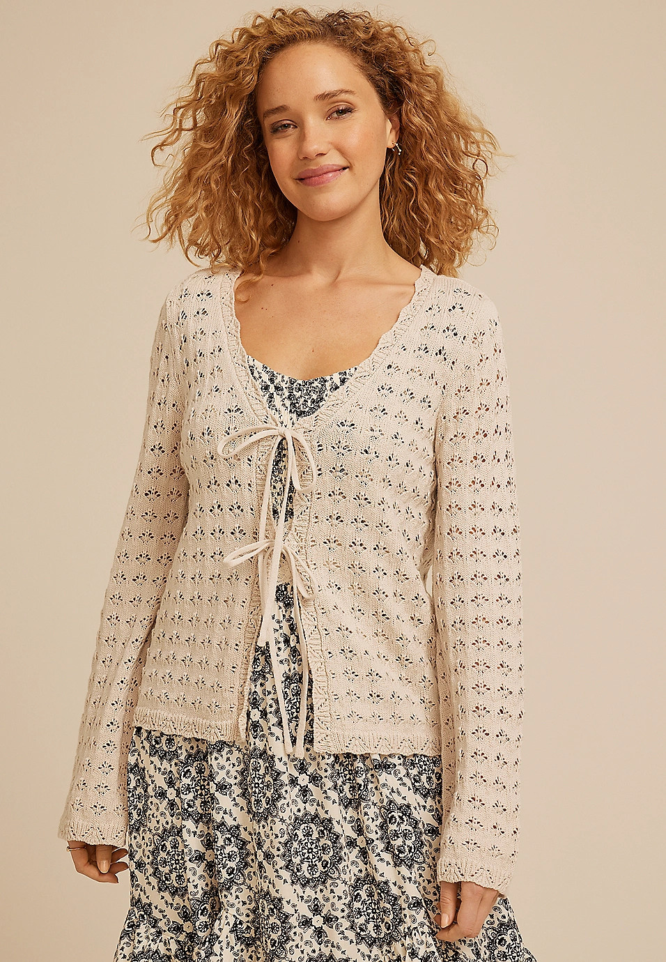 Tie Front Open Stitch Cardigan | Maurices