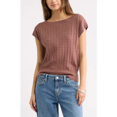 BP. Cable Stitch Boat Neck Sweater T-Shirt in Brown Quartz at Nordstrom, Size Small | Nordstrom