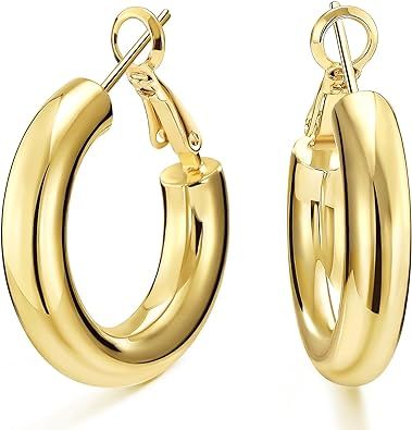 SHOWNII Chunky Gold Hoop Earrings, 14K Gold Plated Chunky Tube Hoop Earrings for Women Lightweigh... | Amazon (US)