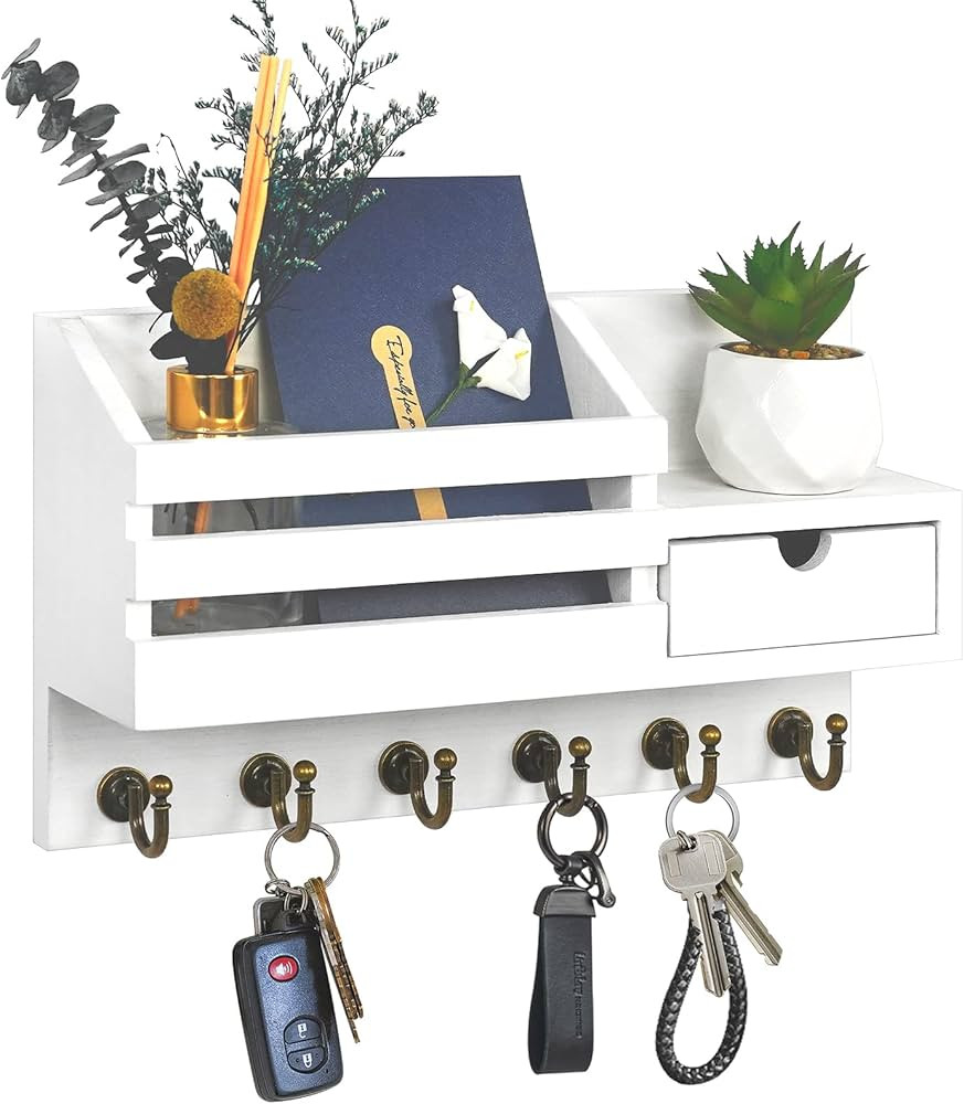 Key and Mail Holder For Wall, Mail Organizer Wall Mount with 6 Hooks and Storage Drawer, Easy Ins... | Amazon (US)