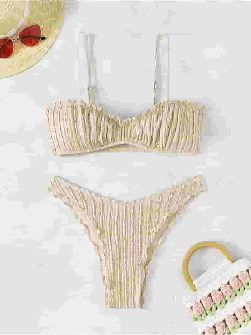 Swim Ladies' Solid Summer Beach Textured Frill Trim Bikini Swimwear Set - Walmart.com | Walmart (US)