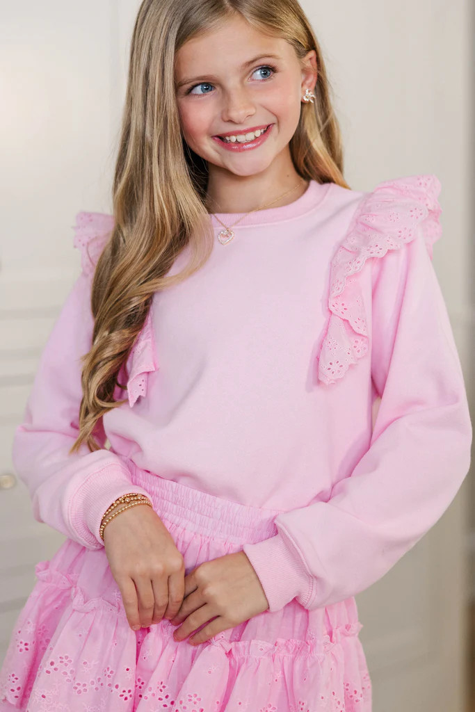 Girls: Sweetly Stitched Pink Eyelet Sweatshirt | The Mint Julep Boutique