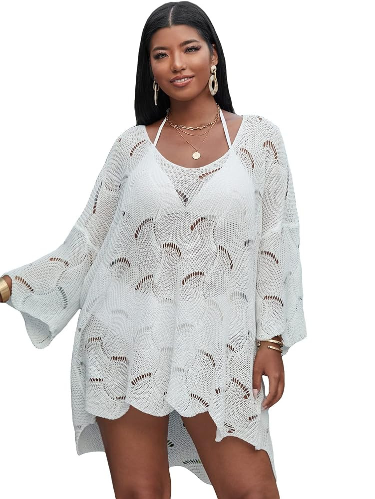 MakeMeChic Women's Plus Size Swimsuit Crochet Cover Up Bathing Suit Beach Dress | Amazon (US)