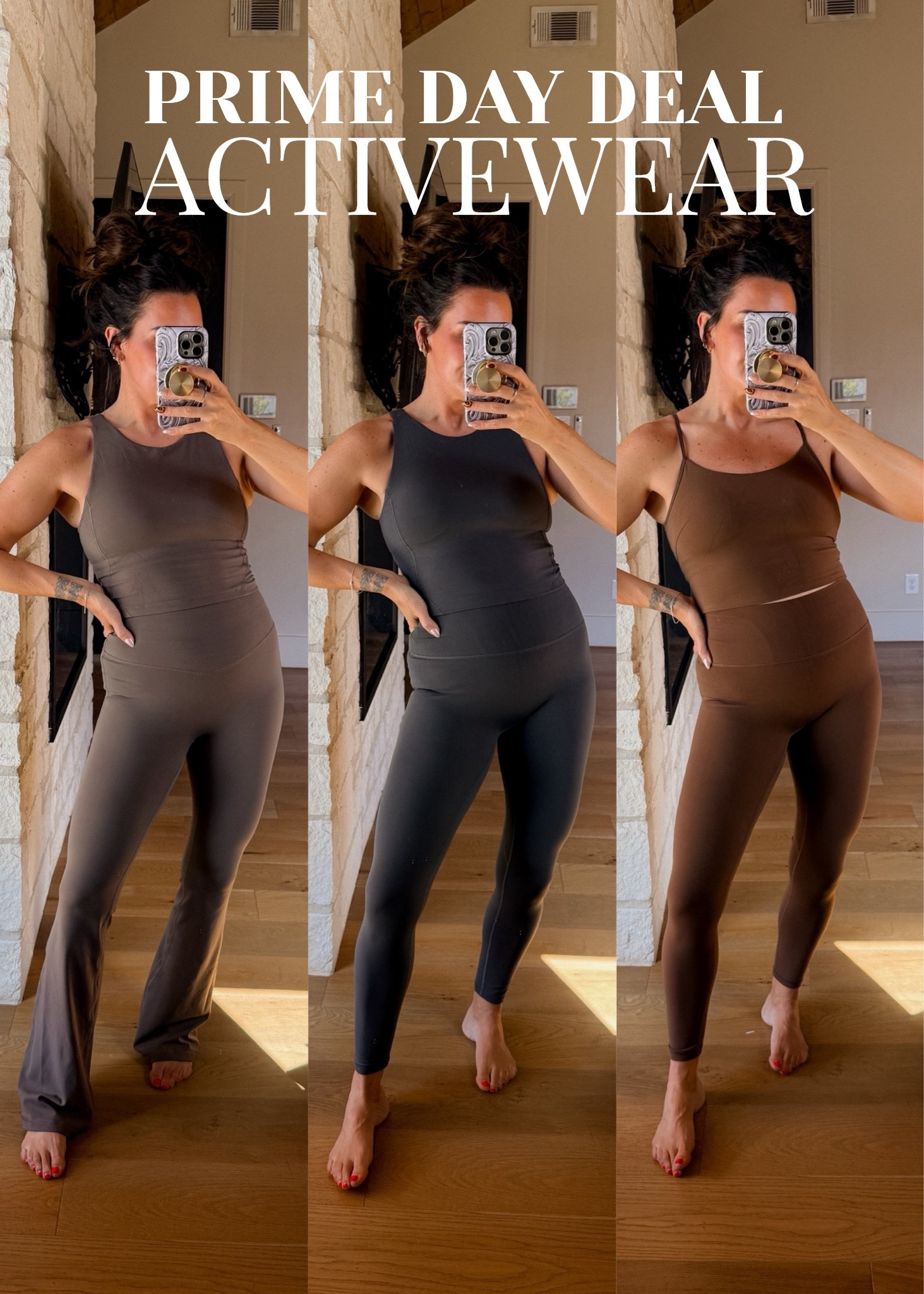 One of my fav Amazon activewear brands on prime day deals!
I get the large in all bra/tanks and leggings
From left to right colors are : major brown - dark carbon - cocoa

#colorfulkoala @colorfulkoala #ad