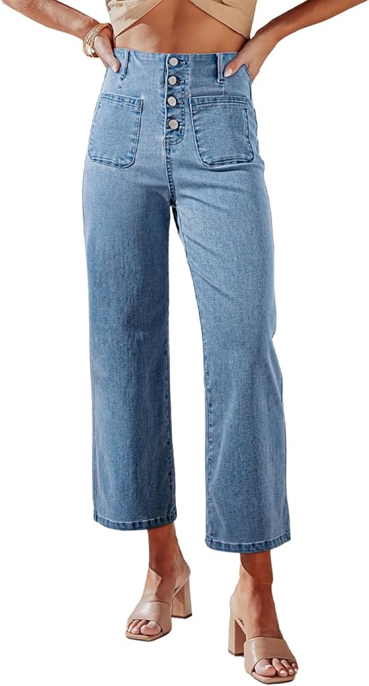 Sidefeel Women's Wide Leg Jeans High Waisted Stretchy Straight Leg Jeans Buttoned Loose Denim Pan... | Amazon (US)