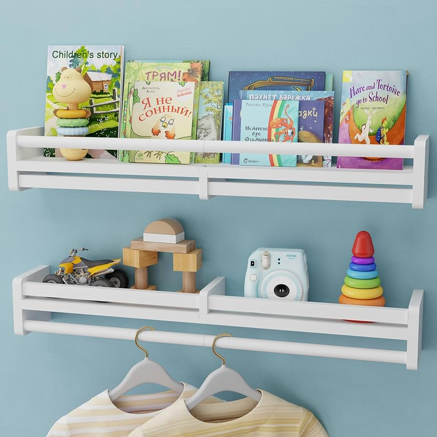 Nursery Floating Shelves with Hanging Rod, 33 Inch Kid's Bookshelves Set of 2, Wall Mounted Baby ... | Amazon (US)