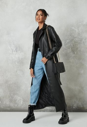 Black Faux Leather Belted Trench Coat | Missguided (US & CA)