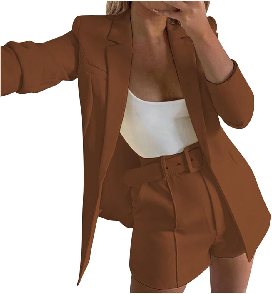 Women's 3 Piece Office Work Suit Set Long Sleeves Blazer +Shorts with Belt Solid Casual Lapel Fro... | Amazon (US)