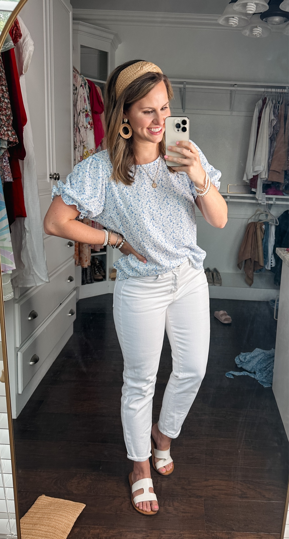 Amazon summer outfit! Casual top, old navy jeans- my fave white denim!! 

Summer top. Floral blouse. Mom outfit. Summer style. Stackable bracelets. Sandals. Slides. Summer shoes. Rattan headband. 

#LTKFind #LTKSeasonal #LTKunder50