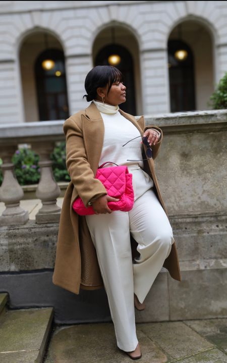 A minimalist look with a pop of colour. Galetntine’s outfit inspiration for the neutral girlies. Outfit formula: cream pants, cream knitted jumper, nude ankle boots, caramel coat and hot pink quilted handbag.

#LTKstyletip #LTKeurope #LTKmidsize