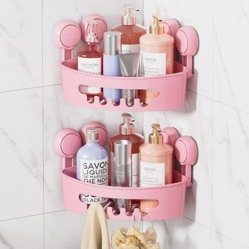 LEVERLOC Corner Shower Caddy Suction Cup, shower shelves suction cup, 2 Pack Basket Powerful Bathroom, Waterproof & Oil-proof Organizer for Kitchen, No-Drilling Removable (Pink) | Amazon (US)