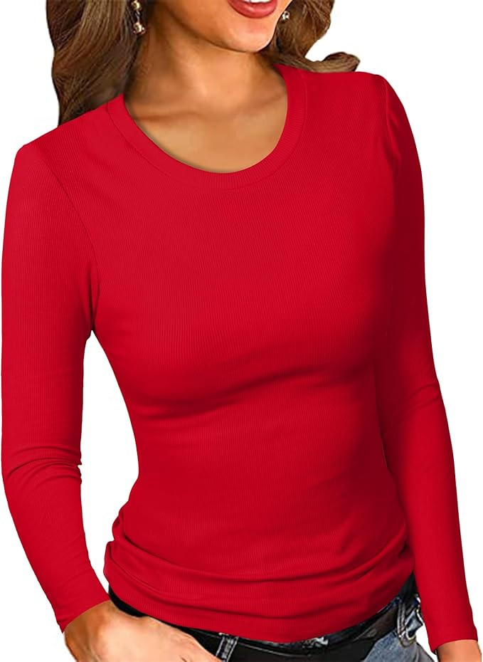 PALINDA Womne's Ribbed Round Neck Slim Fitted T Shirts Basic Solid Long Sleeve Layering Tee Tops | Amazon (US)