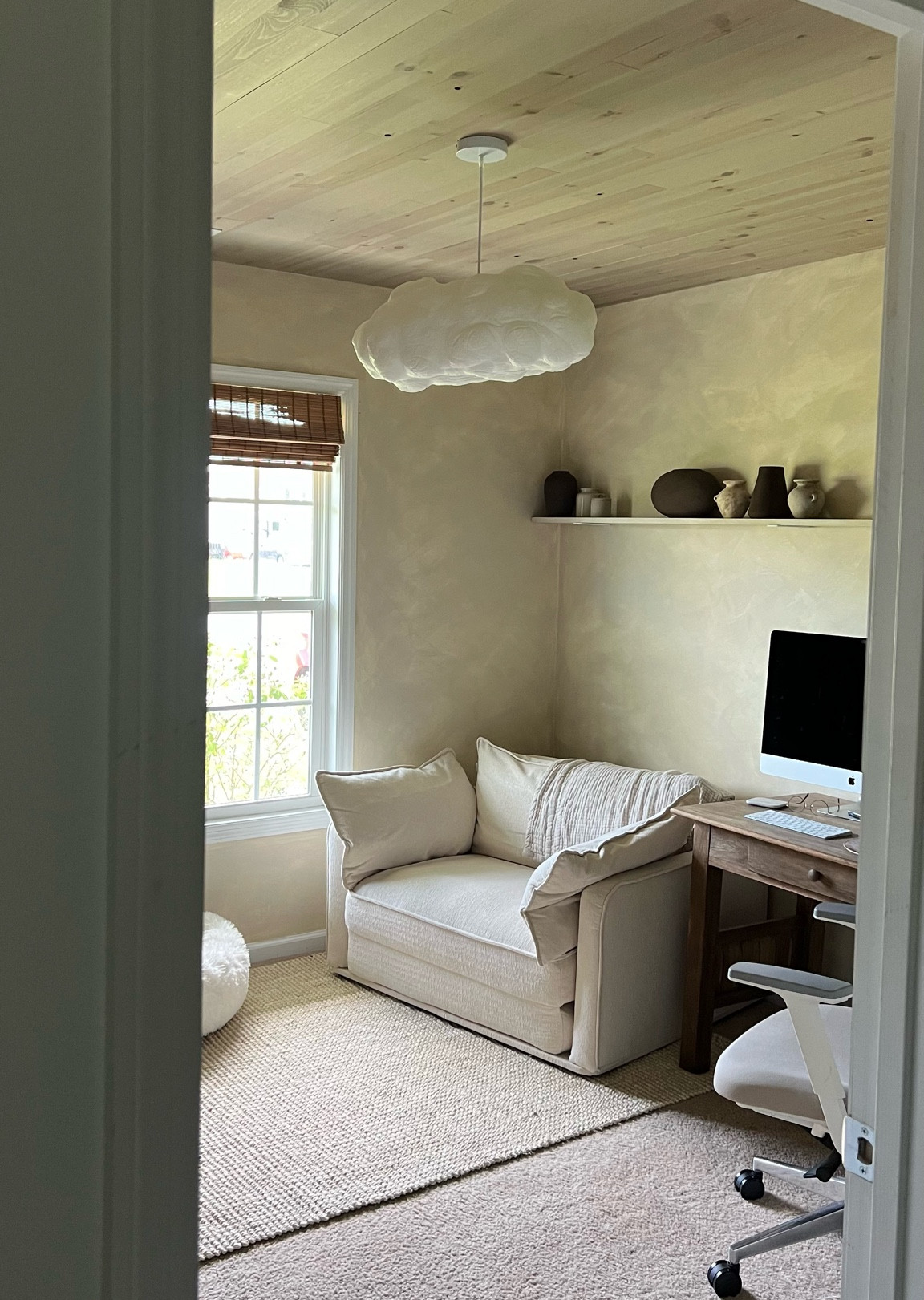 Simply in love with how my home office turned out ☁️ favorite part? Probably the peel and stick ceiling planks (this is the color pebble)!