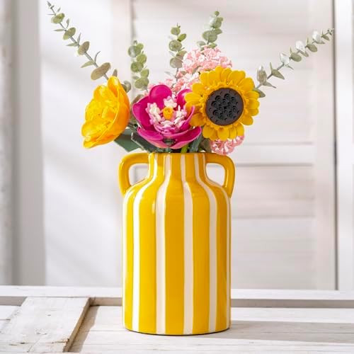 Yellow Ceramic Vase with Handles, Modern Farmhouse Striped Decorative Vase, 9.1" Art Deco Tall Fl... | Amazon (US)