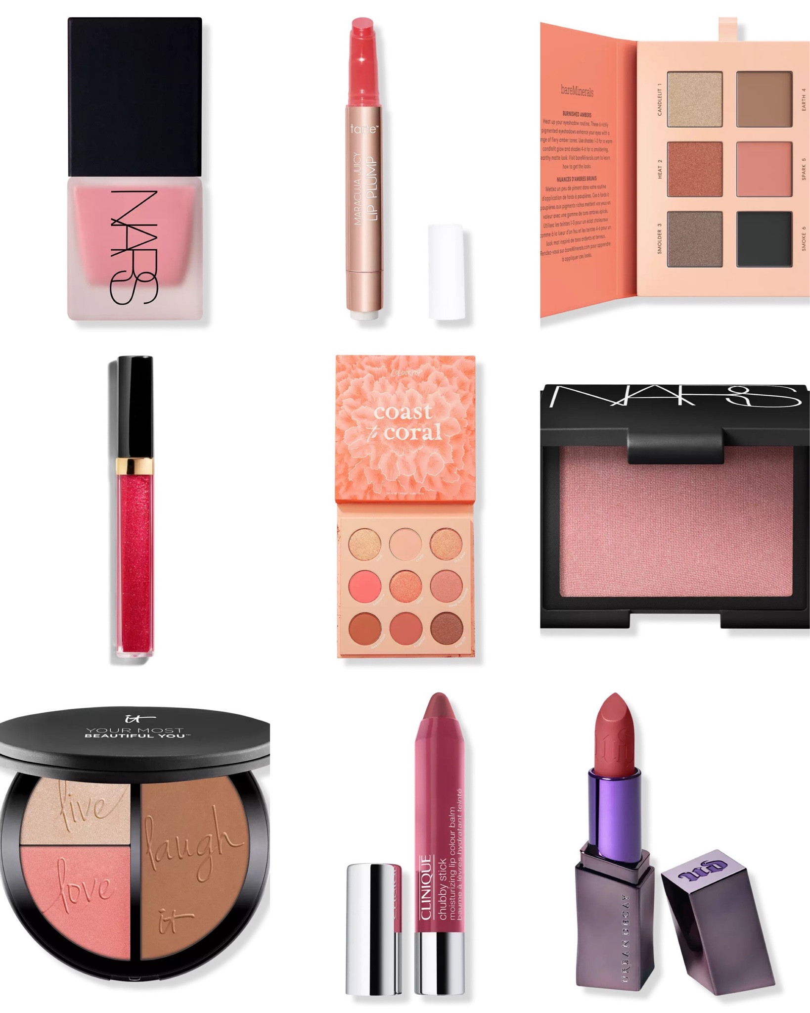 SPB Community Favs:
Makeup for Springs at Ulta

Nars Blush - Orgasm
Clinique Chubby Stick - Super Strawberry
Tarte Maracuja - Poppy (warm)
Chanel Rouge Coco Gloss - 106 Amarena (clear)
ColourPop eyeshadow - Coast to Coral
itCosmetics - Your Most Beautiful Face
BareMinerals Mineralist - Burnished
Urban Decay Vice Lipstick - Naked (light)

#LTKbeauty