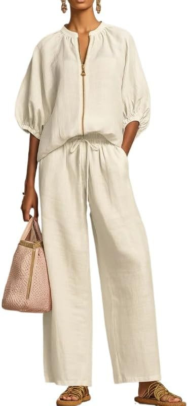 Women's linen zipper shirt wide leg pants two-piece set, loose half sleeved shirt straight leg pa... | Amazon (US)