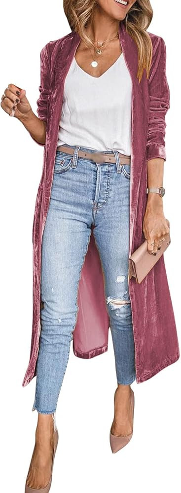 Women’s Long Velvet Cardigan Jacket Open Front Lapel Velvet Cardigan Outwear | Amazon (US)