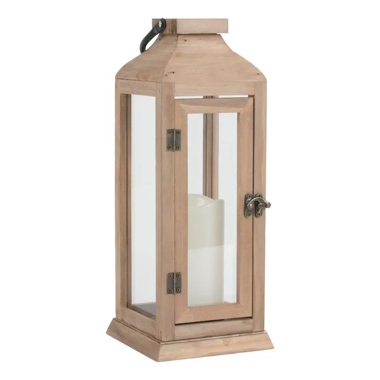 Better Homes & Gardens Decorative Natural Wood and Glass Battery Operated Outdoor Lantern with Re... | Walmart (US)