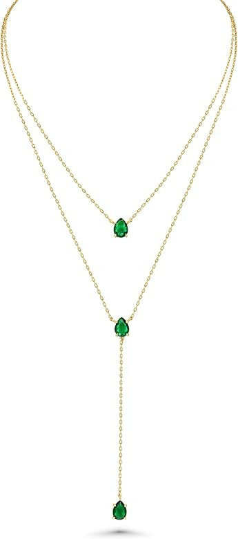 Long 18K Gold Plated Layered Green Emerald Pendant Necklace For Women Girls, Dainty Birthstone Ne... | Amazon (US)