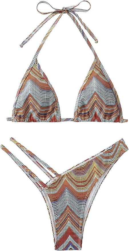 SHENHE Women's 2 Piece Striped Triangle Bikini Sets High Cut Halter Swimsuit Bathing Suit | Amazon (US)