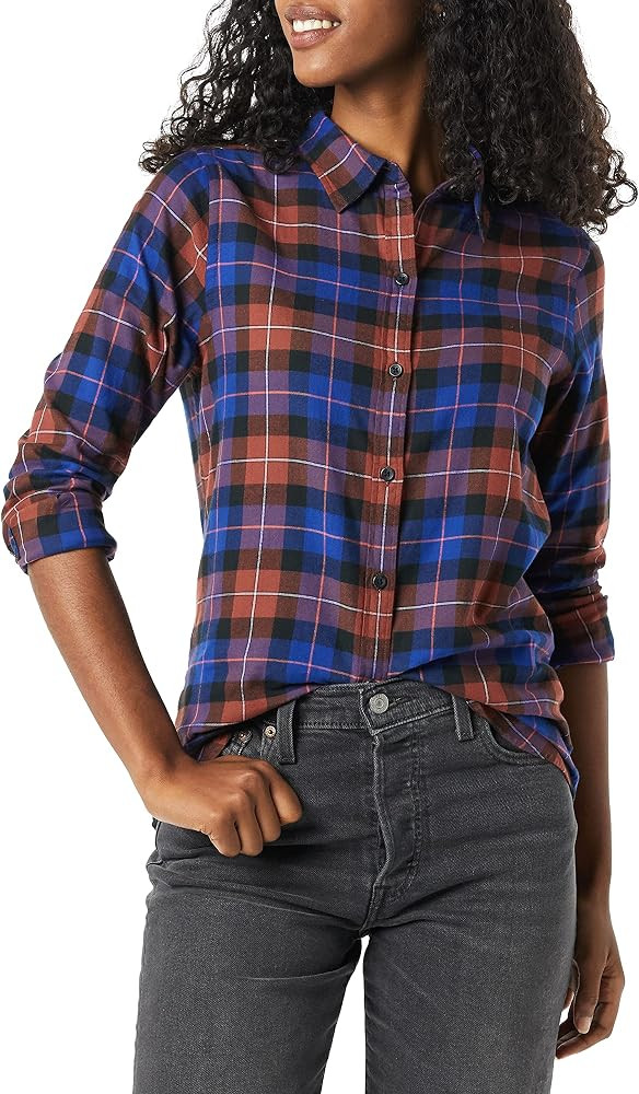 Amazon Essentials Women's Regular-Fit Long-Sleeve Lightweight Cotton Brushed Flannel Shirt | Amazon (US)