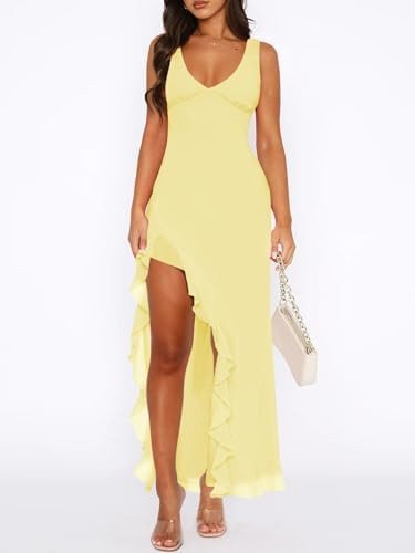 Women Sexy V Neck Sleeveless Mesh Ruffle Hem Bodycon Maxi Casual Backless High Slit Cocktail Part... | Amazon (US)