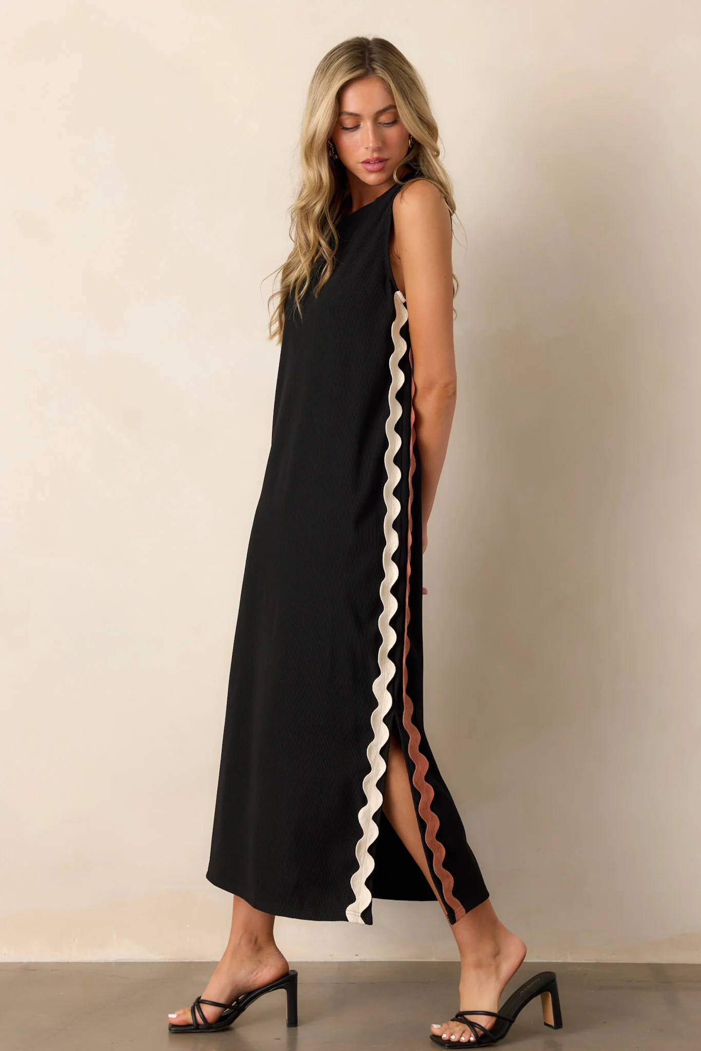 Radiant Glow Black Ricrac Midi Dress | Red Dress