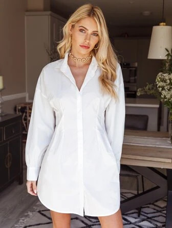 SHEIN Frenchy Collared Fold Pleated Waist Curved Hem Shirt Dress | SHEIN