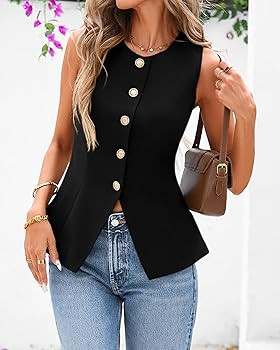 BTFBM Chaleco de verano sin mangas para mujer, elegante con botones y cuello redondo, trajes casu... | Amazon (US)
