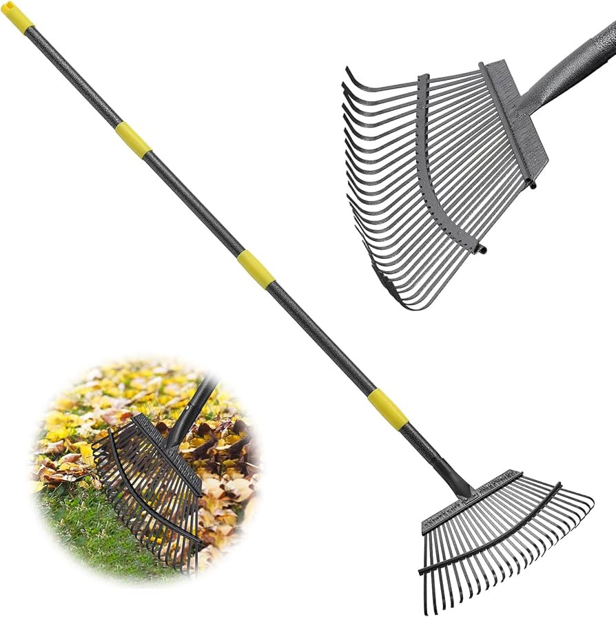 Rake, 65 Inch Long Garden Rake, 25 Tines 18 Inch Wide Heavy Duty Metal Leaf Rake for Leaves Shrub... | Amazon (US)