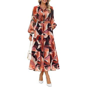 ZESICA Women's Long Sleeve Floral Casual Flowy Wedding Guest Maxi Dresses | High Waist A Line Lon... | Amazon (US)
