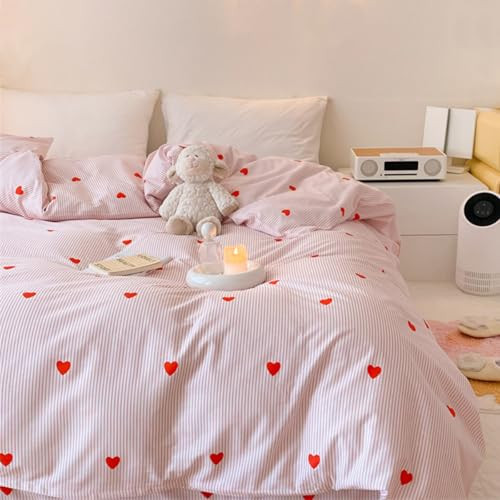Bildenly Heart Duvet Cover Twin Size Red Heart Pink Striped Printed Bedding Set with Zipper Closure 2Pcs Kids Kawaii Heart-Shaped Soft Microfiber Romantic Comforter Cover with Pillowcase | Amazon (US)