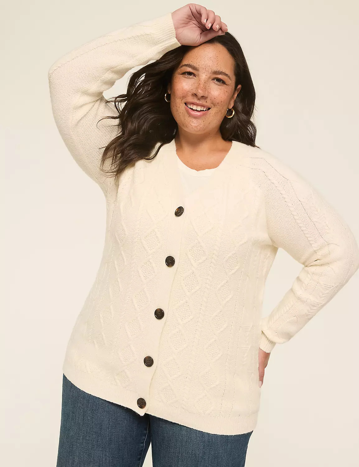 Cable Knit Button-Front Cardigan | Lane Bryant (US)