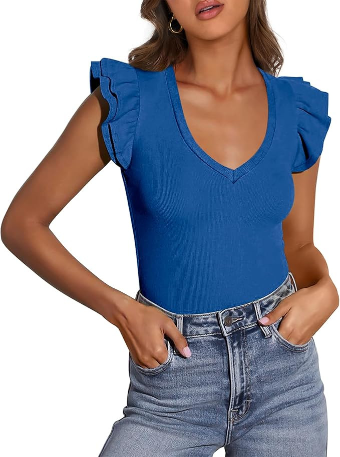 PRETTYGARDEN Womens V Neck Summer Tops Ruffle Sleeveless Slim Fit T Shirts Going Out Casual Blous... | Amazon (US)